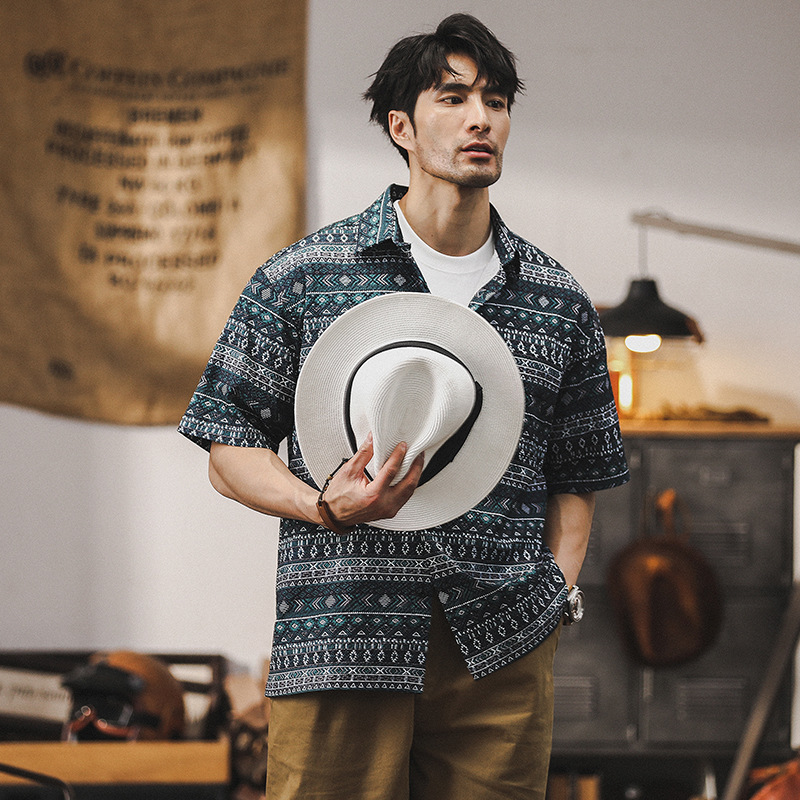 夏威夷短袖花襯衫男2024新款美式戶外休閒寬鬆透氣涼感泡泡紗襯衣