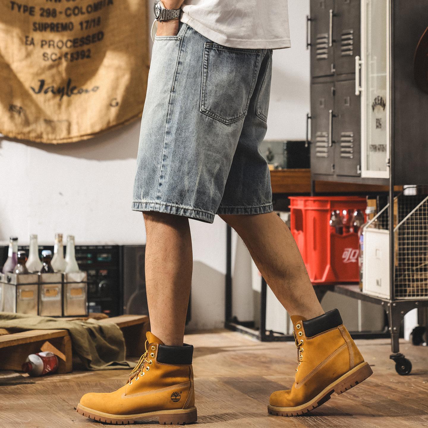 美式復古扎花水洗牛仔短褲男夏季新款寬鬆直筒五分褲休閒潮流中褲