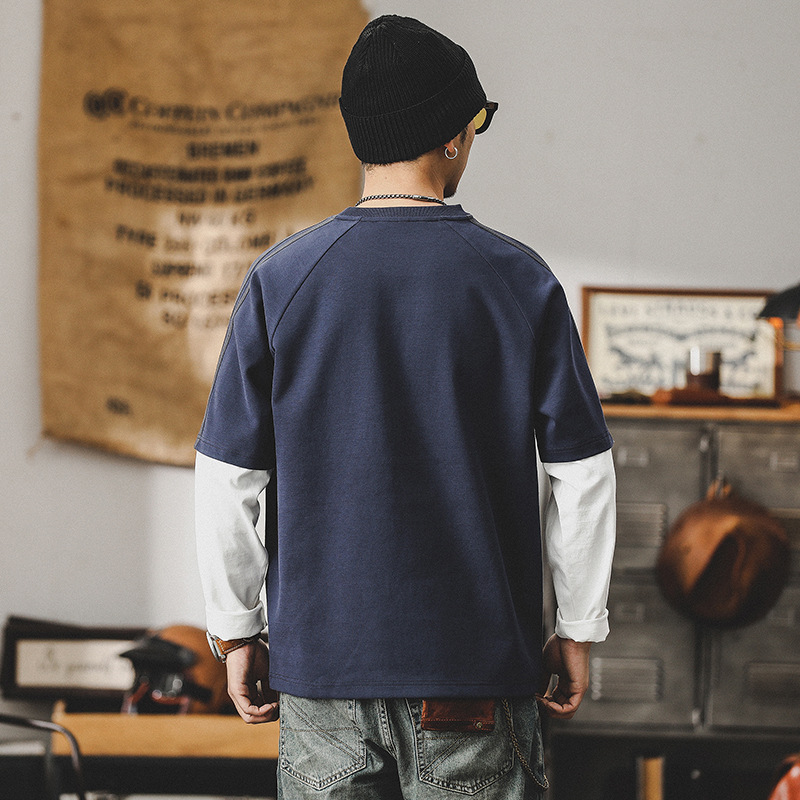 280g重磅T恤男長袖春季潮牌高級感痞帥假兩件設計款衣服男士上衣