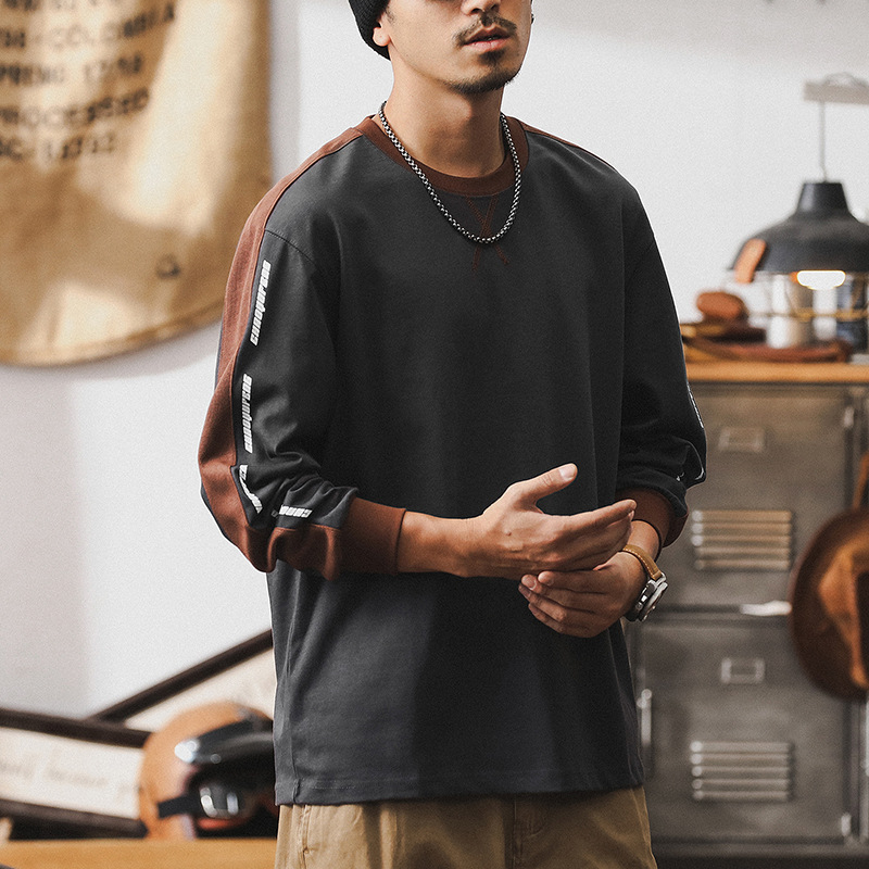 美式複古280g重磅長袖T恤男秋季撞色拼接體恤2024新款寬松衣服男
