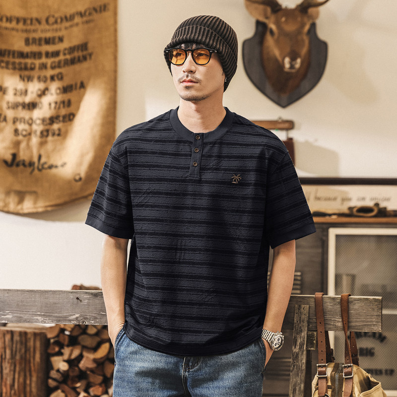 美式復古半開襟亨利領Polo衫男短袖夏季新款老錢風寬鬆條紋T恤男