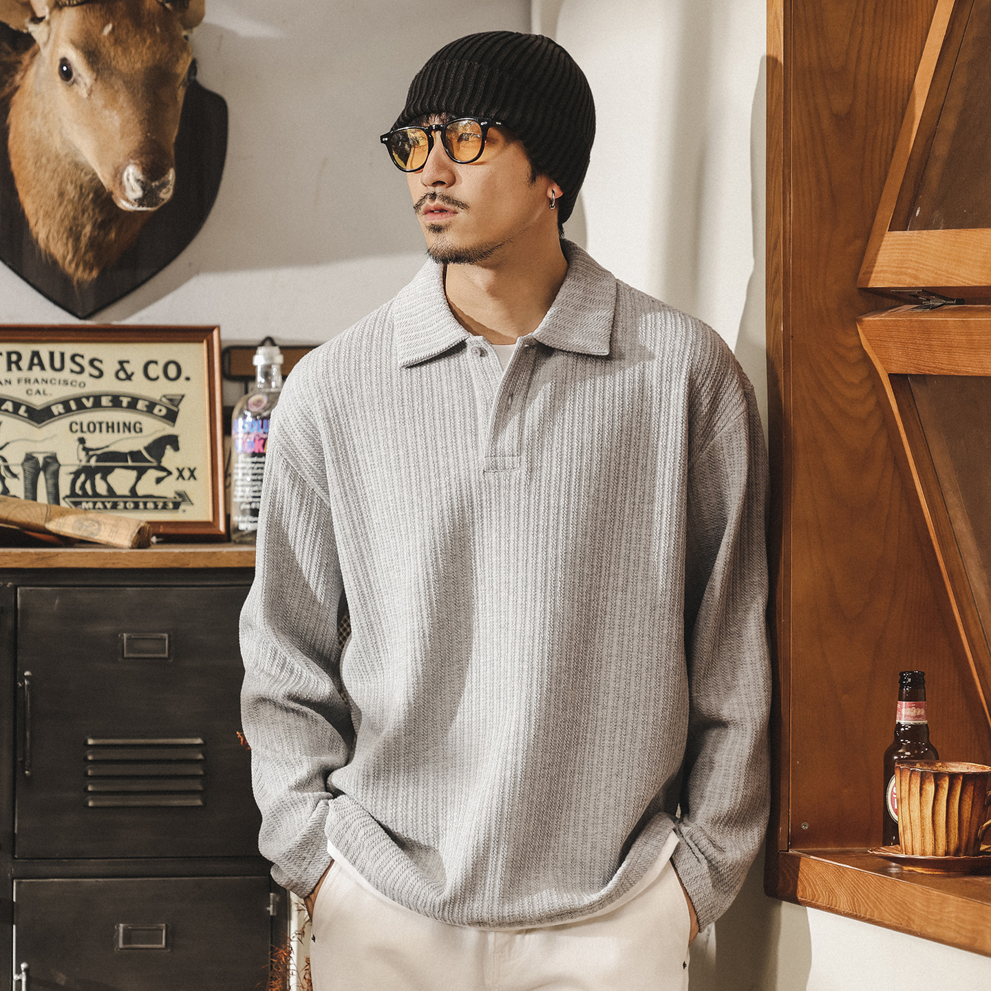 美式重磅復古Polo衫男士秋季新款針織提花毛衣潮流假兩件長袖上衣