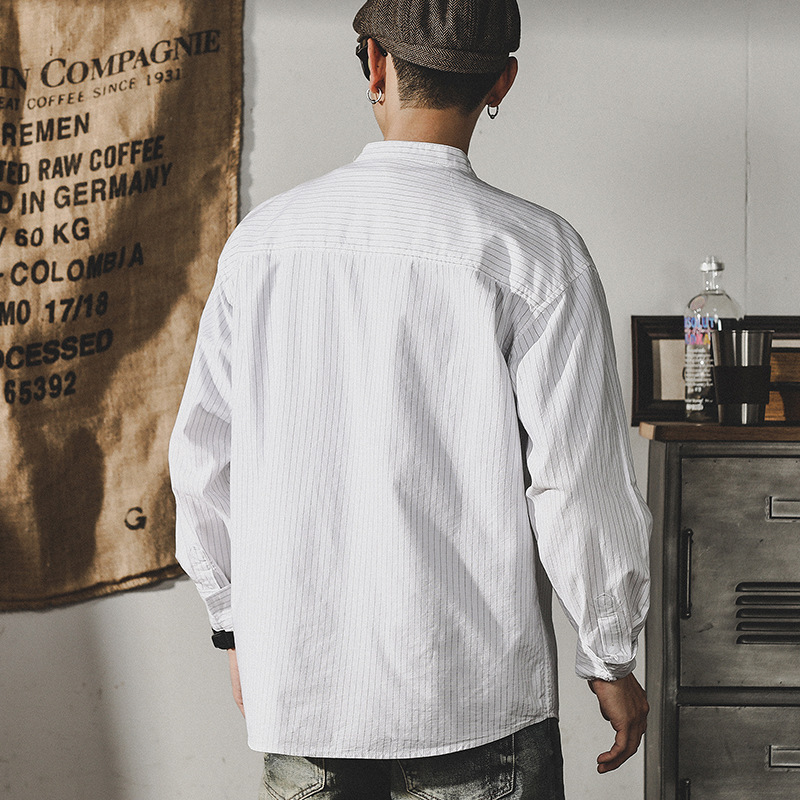杰雷諾美式簡約白色立領襯衫男2024春季工裝長袖外套寬鬆休閒襯衣