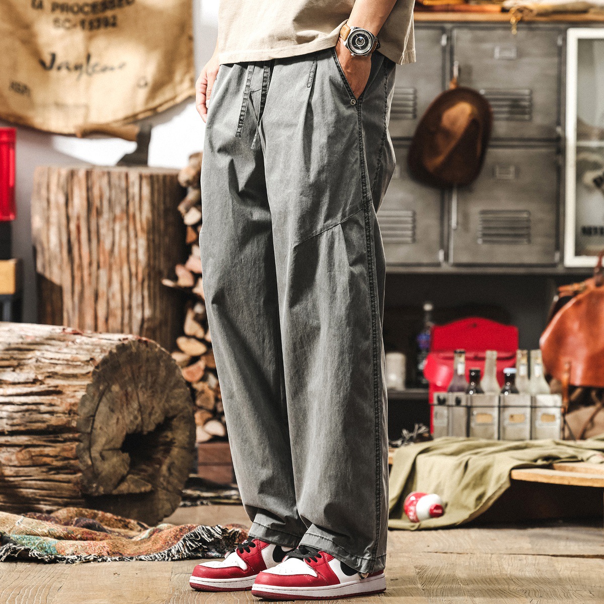 美式復古寬鬆闊腿休閒褲男士夏季新款直筒褲子拼接潮牌工裝束腳褲