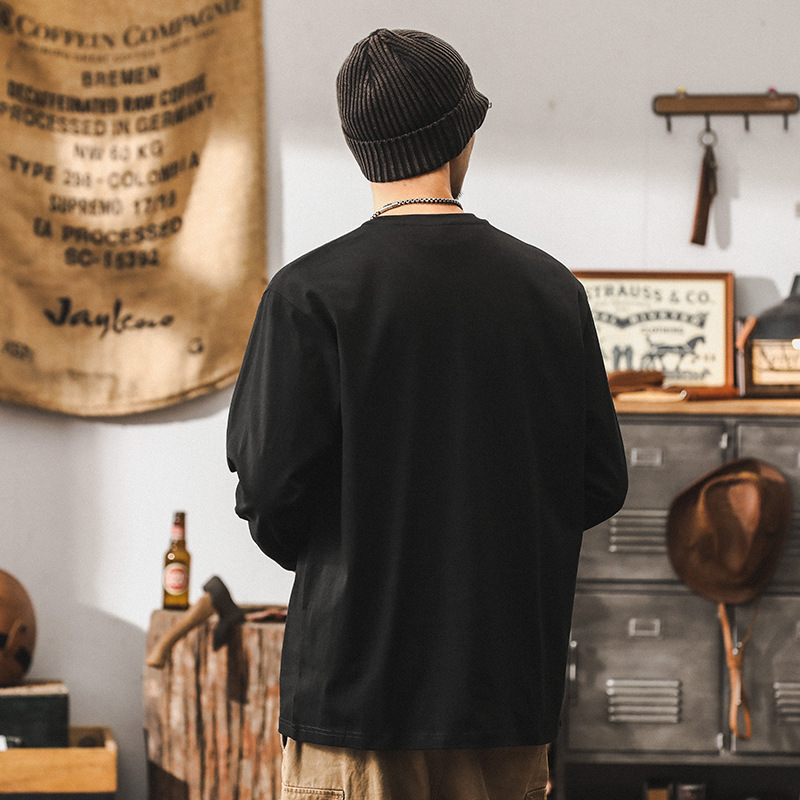 美式重磅長袖T恤男潮牌設計感創意印花體恤男士秋季寬鬆黑色上衣T