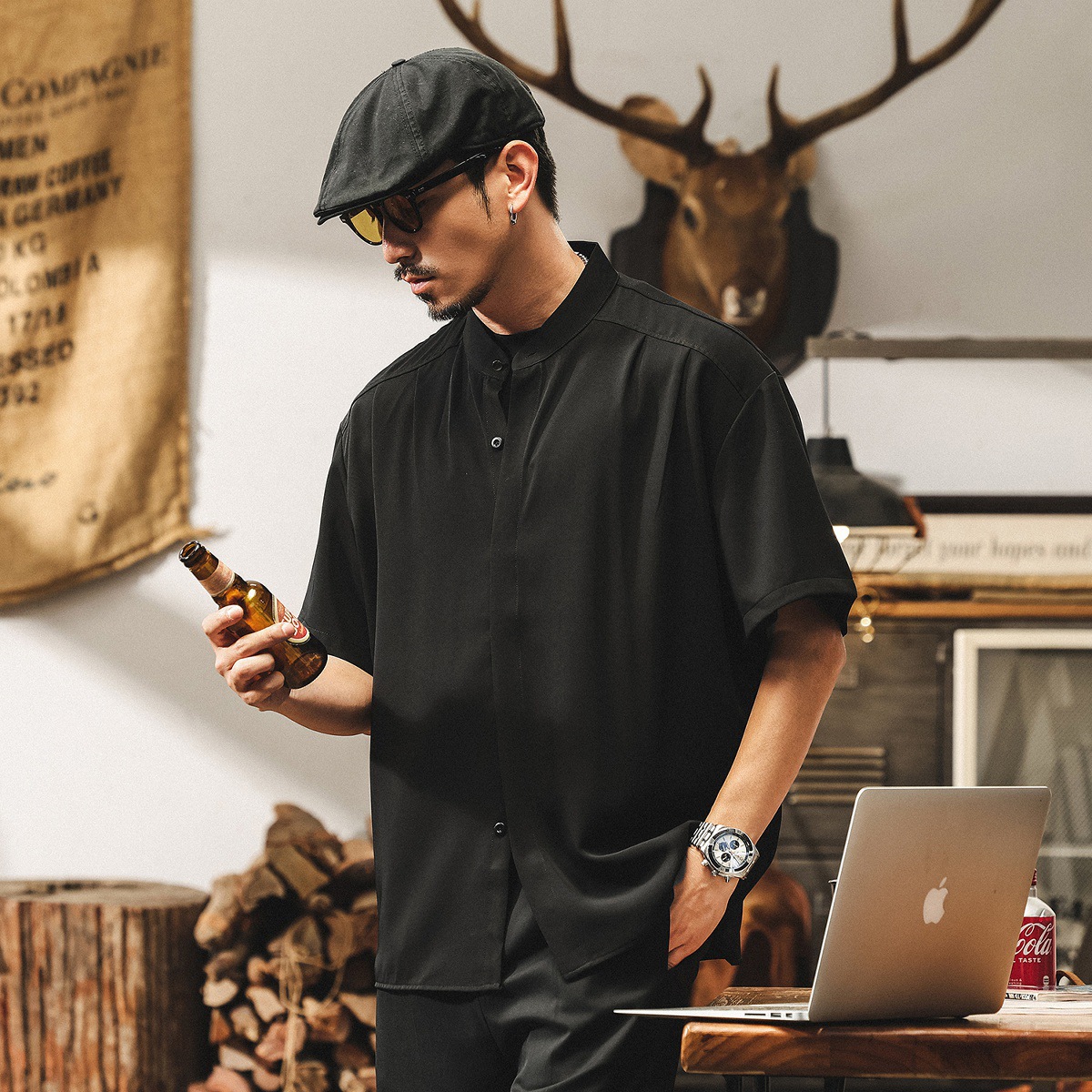 高級感夏季薄款襯衫男士痞帥潮流極簡風立領寬鬆休閒短袖襯衣外套