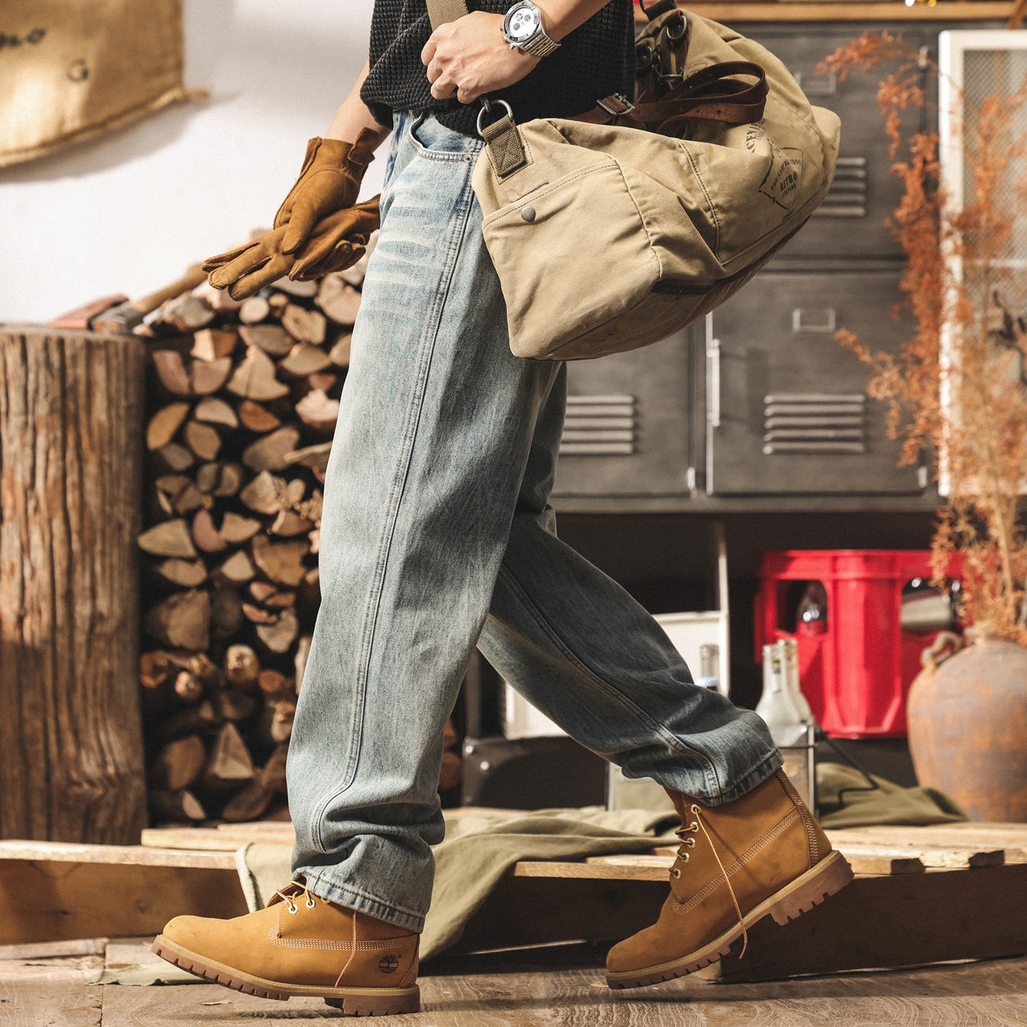 美式重磅復古工裝褲子男潮牌加絨牛仔褲男直筒水洗寬鬆男士休閒褲