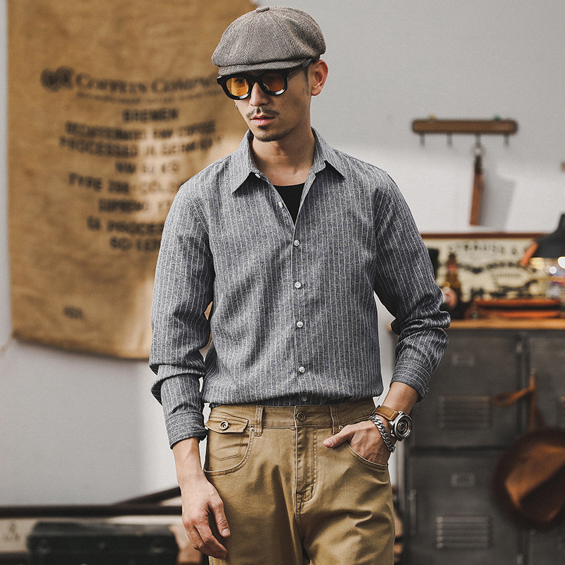 2024新款春季簡約條紋休閒襯衫男士百搭美式經典復古長袖襯衣外套
