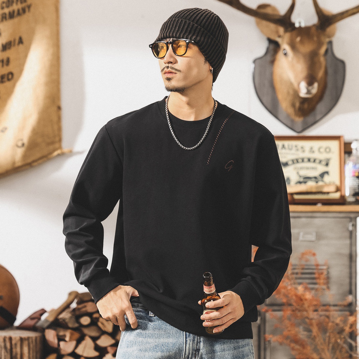 美式復古重磅衛衣男春秋2025新款潮牌寬鬆簡約大碼黑色男士上衣潮