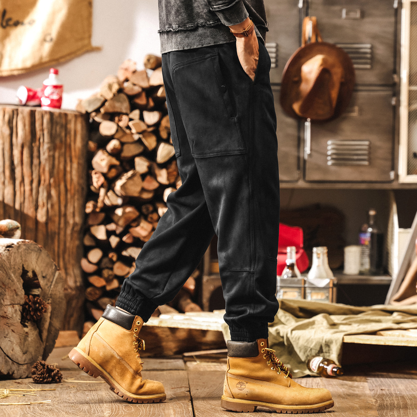 美式復古高級感麂皮絨褲子男秋季2025新款工裝設計感男士休閒褲潮