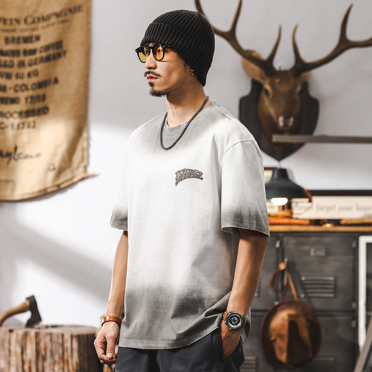 美式復古臟染水洗重磅T恤男夏季2025新款潮牌寬鬆短袖上衣男