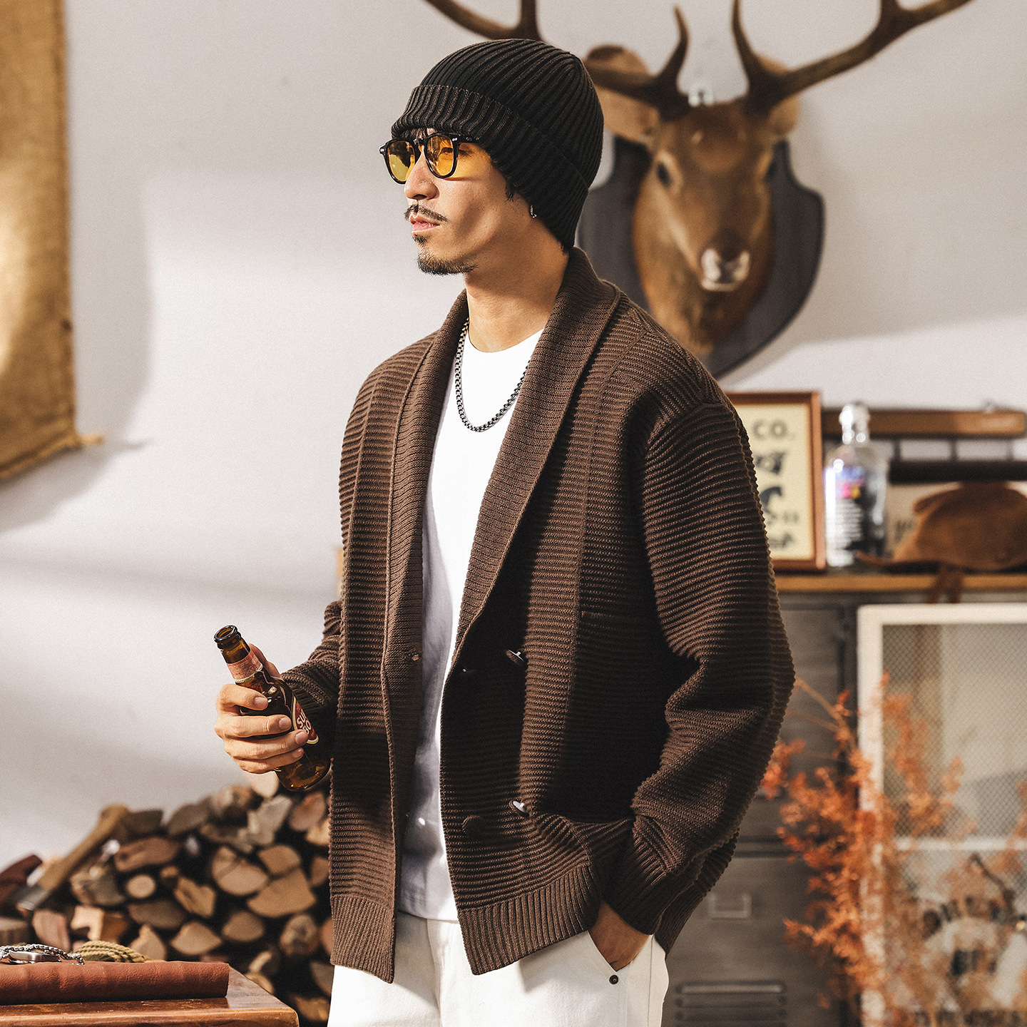 美式重磅復古毛衣男秋冬款慵懶風開衫外套男潮牌戧駁領寬鬆針織衫