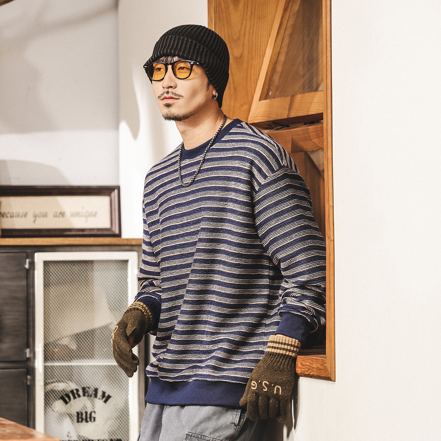 美式復古350g重磅衛衣男秋季新款潮牌肌理條紋海魂寬鬆休閒上衣男