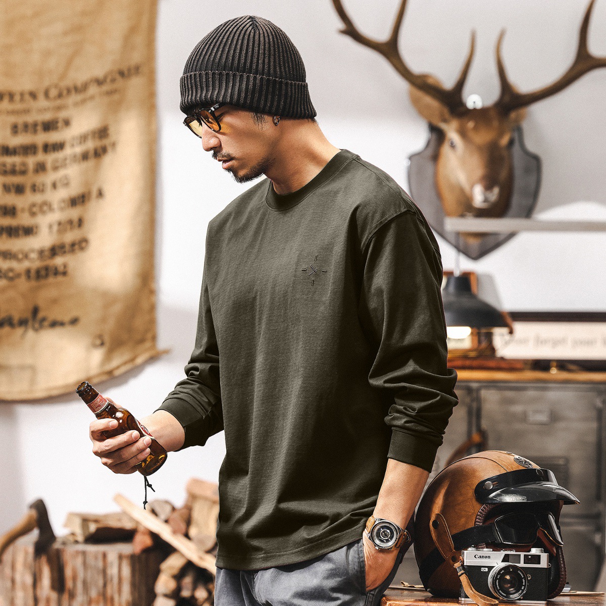 美式潮牌簡約T恤男長袖春季2025新款寬鬆圓領內搭打底衫休閒上衣T