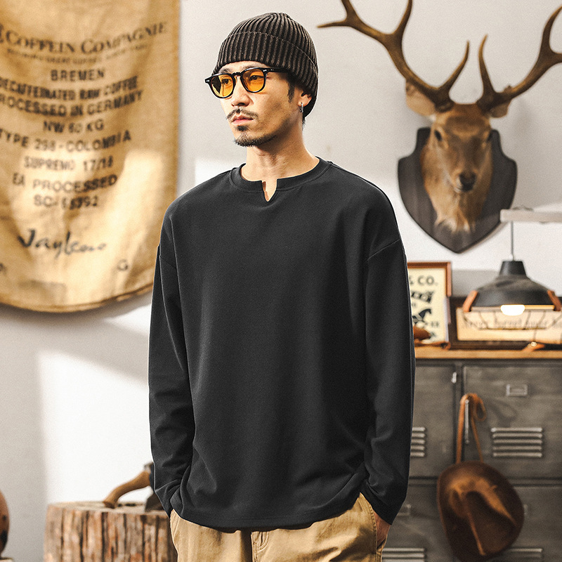 萊賽爾抗皺絲滑質感長袖T恤男秋季美式復古重磅內搭保暖打底衫男