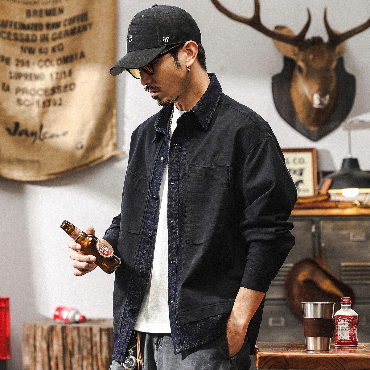 美式復古假兩件牛仔外套男春秋潮牌2025新款痞帥秋季寬鬆長袖襯衫