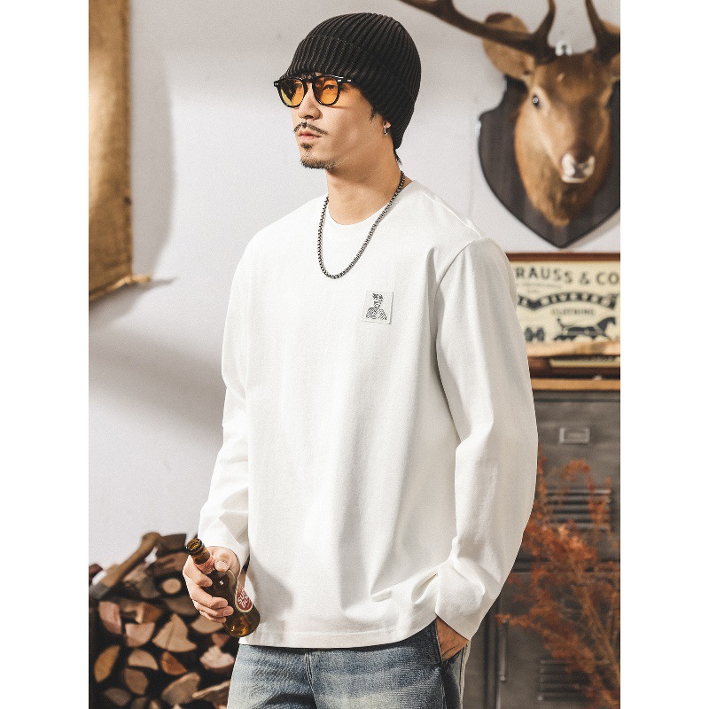 美式復古重磅長袖t恤男2025秋季新款寬鬆簡約潮牌男裝白色上衣男T