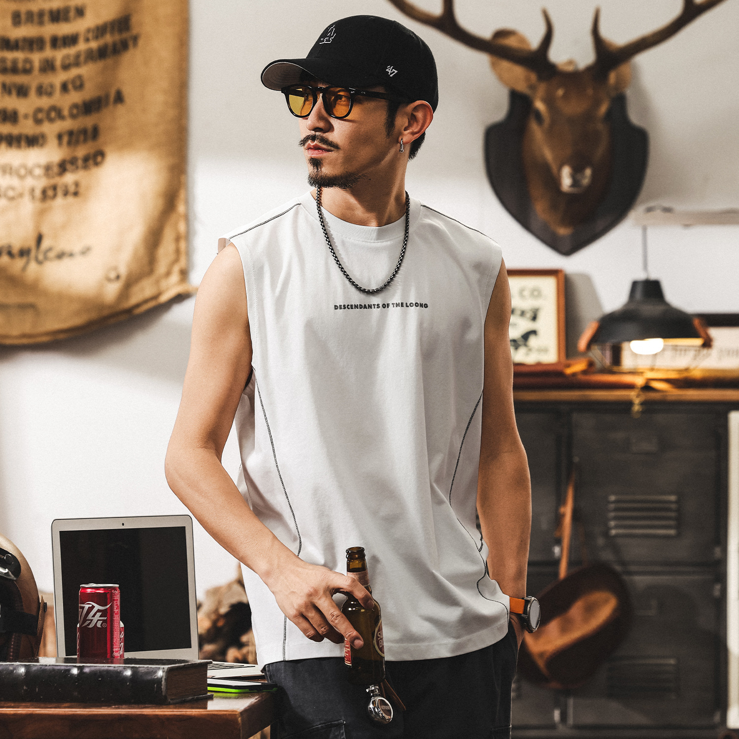 夏季無袖T恤男寬鬆透氣運動健身背心男款潮牌白色坎肩美式上衣男