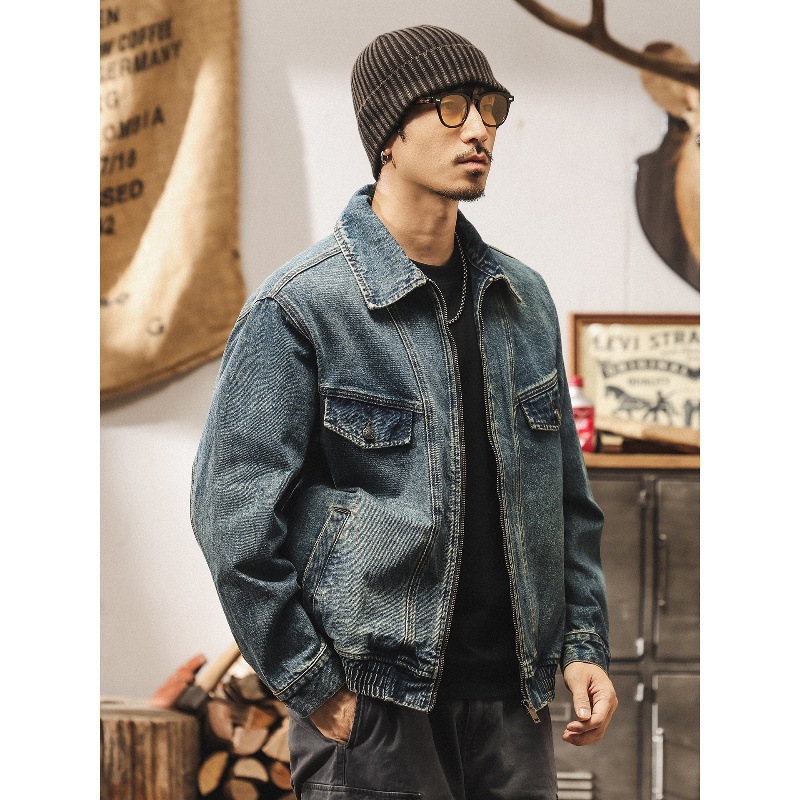 美式復古潮牌拼接解構牛仔外套男春秋款重水洗寬鬆短款工裝夾克男