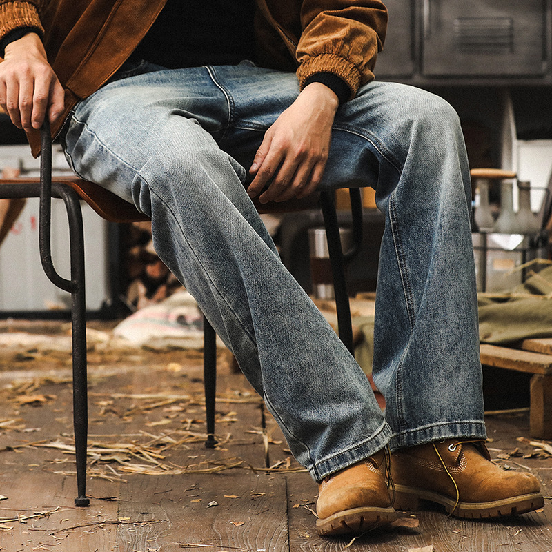 美式復古直筒牛仔褲男秋季2024新款寬鬆褲子男微喇經典水洗休閒褲