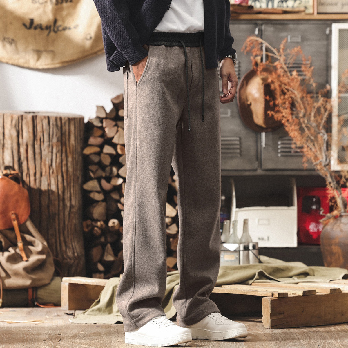 美式復古輕奢綿羊毛褲子男冬季加厚寬鬆男士休閒褲直筒加絨衛褲男