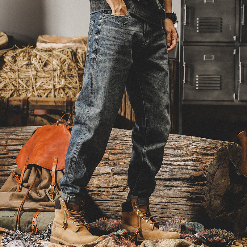 美式重磅巴黎扣經典復古牛仔褲男直筒寬鬆秋季潮牌石磨男士休閒褲