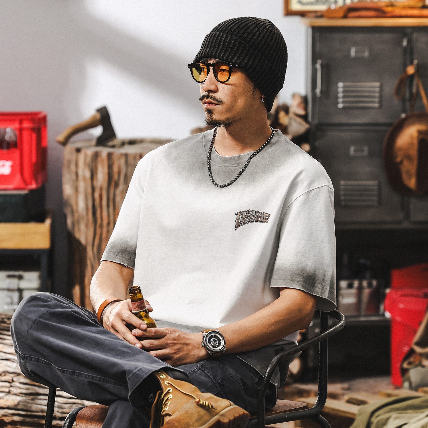 美式復古臟染水洗重磅T恤男夏季2025新款潮牌寬鬆短袖上衣男