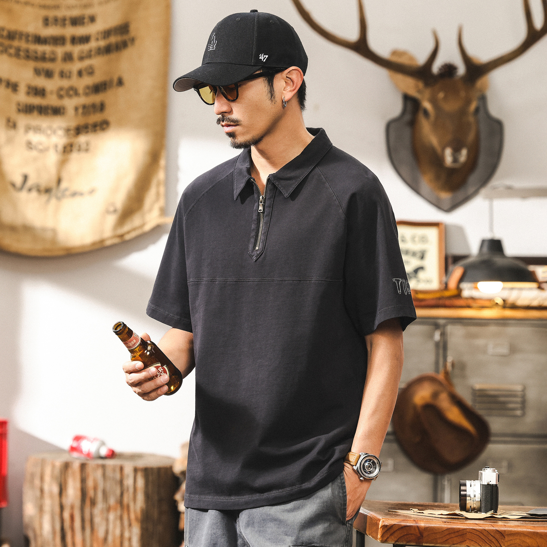 美式復古260g重磅T恤男短袖夏季2025新款寬鬆半拉鍊翻領polo衫男