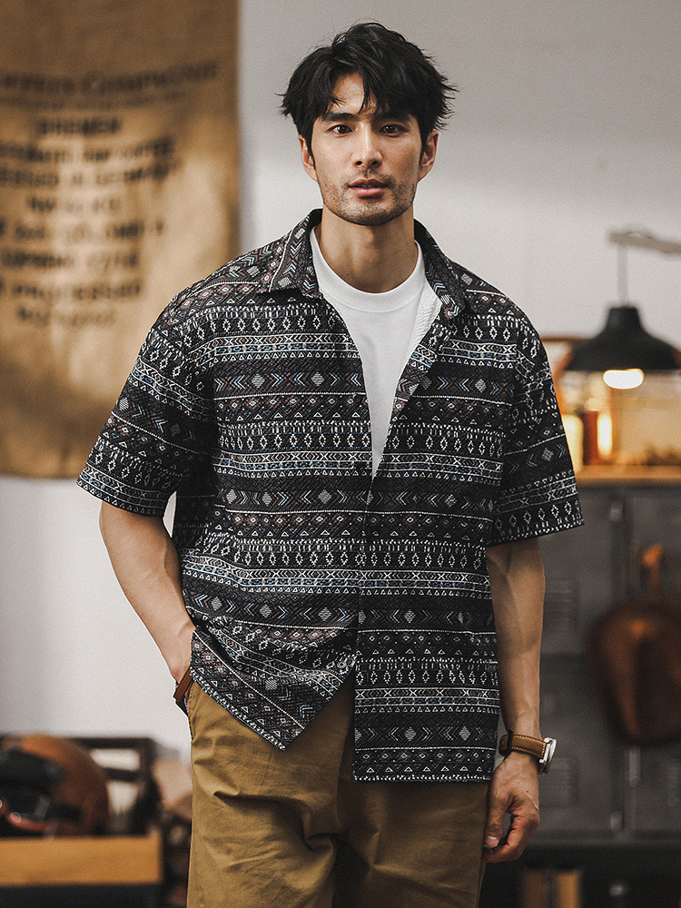 夏威夷短袖花襯衫男2024新款美式戶外休閒寬鬆透氣涼感泡泡紗襯衣