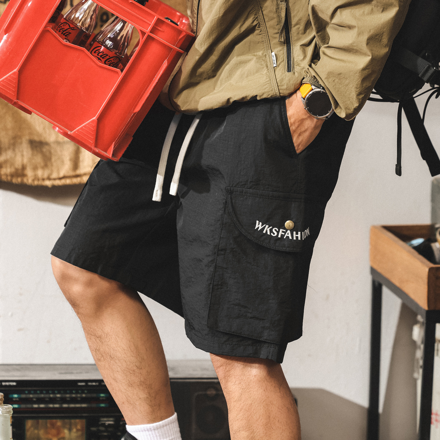 美式復古冰絲短褲男夏季新款潮牌工裝五分褲立體口袋寬鬆休閒中褲