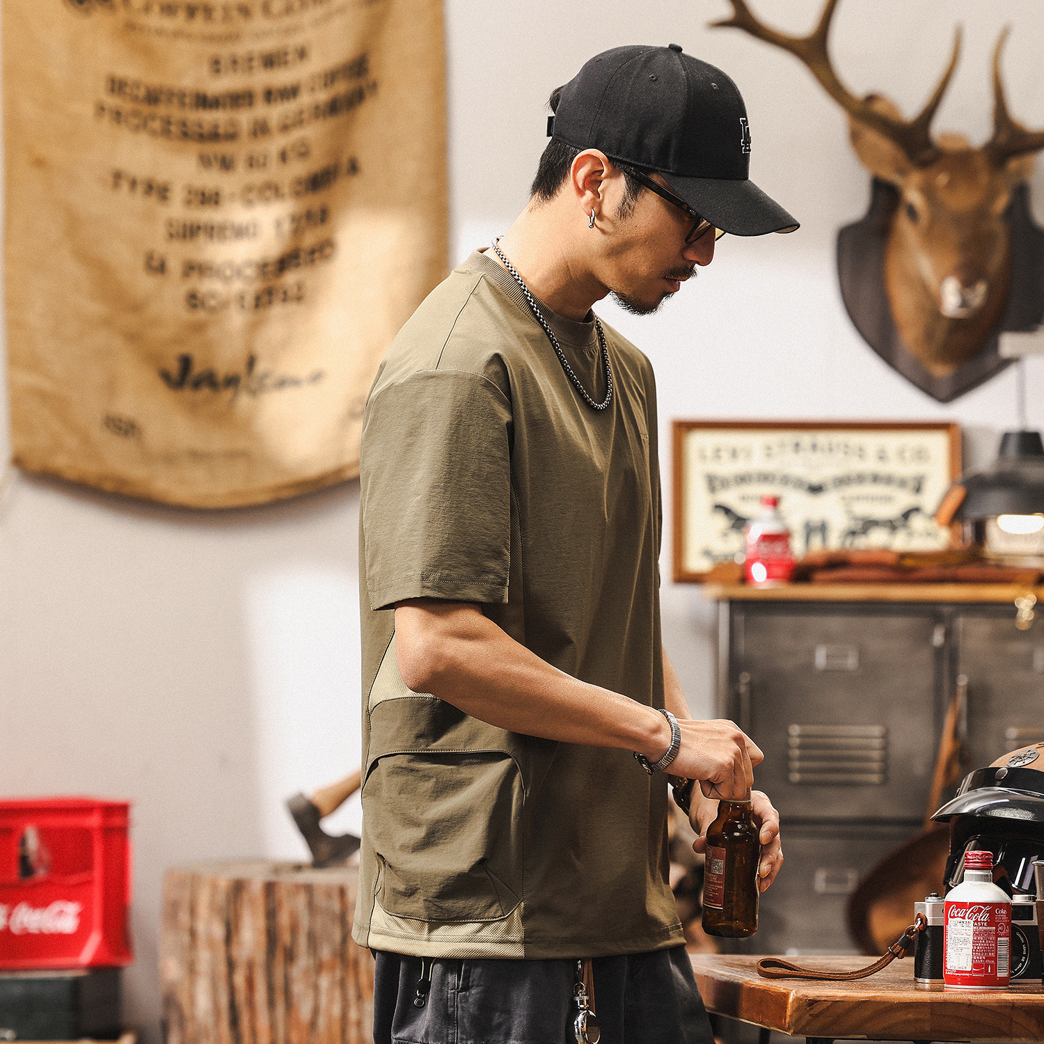 薄款運動速乾短袖男款夏季綠色戶外機能風T恤男美式復古寬鬆上衣