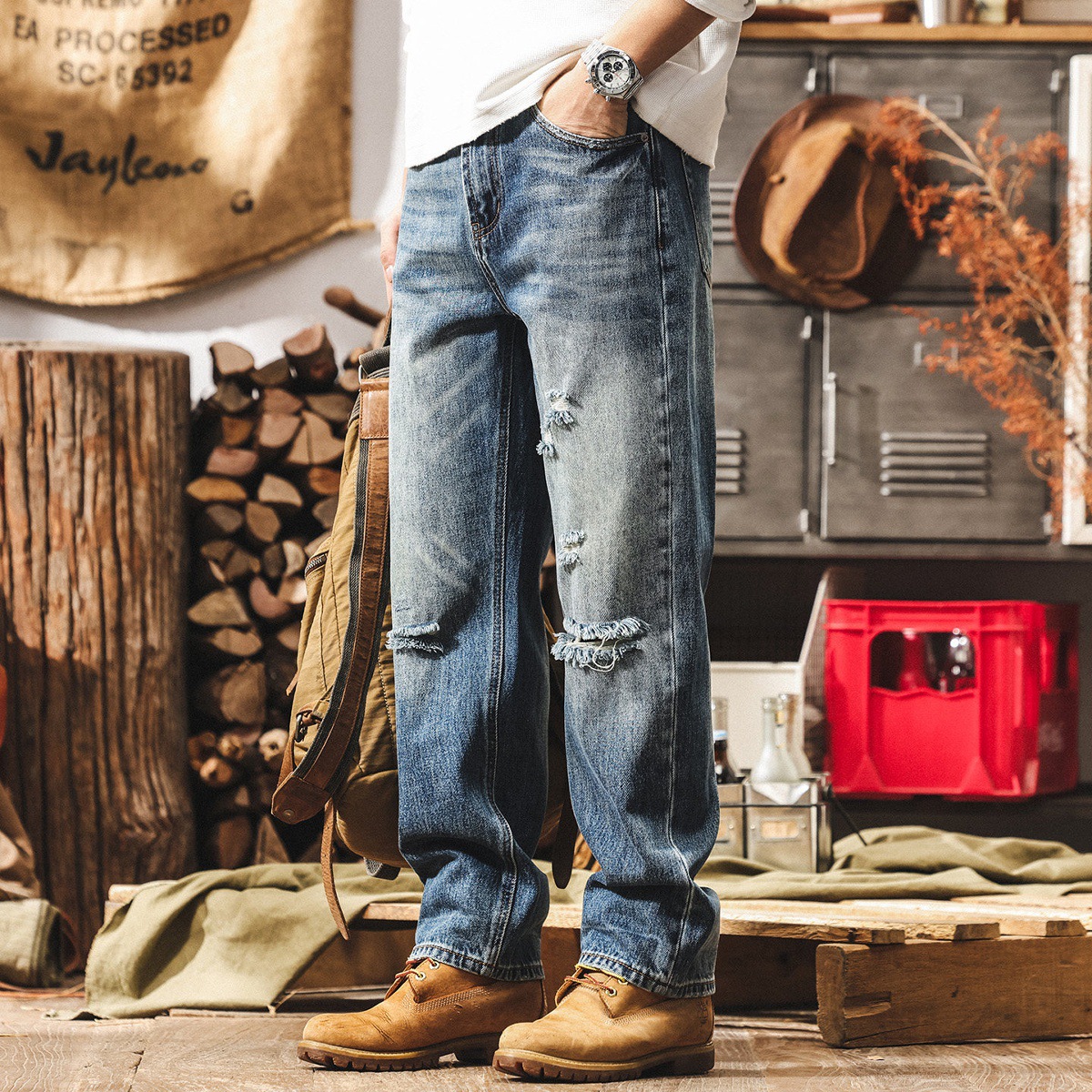 美式復古直筒牛仔褲男春季新款破洞潮牌男裝褲子男寬鬆水洗休閒褲