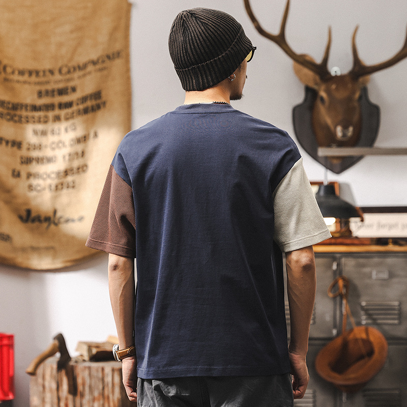 新疆棉拼色短袖男夏季2025新款美式復古寬鬆上衣潮流250g重磅T恤