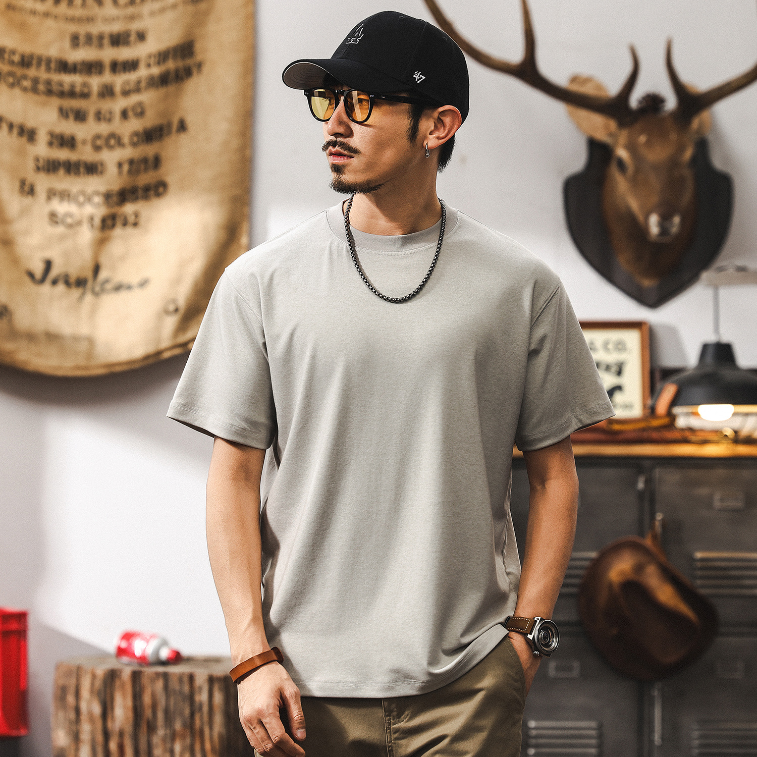 澳洲美莉諾羊毛萊賽爾短袖T恤男夏季美式復古高級感純色百搭上衣