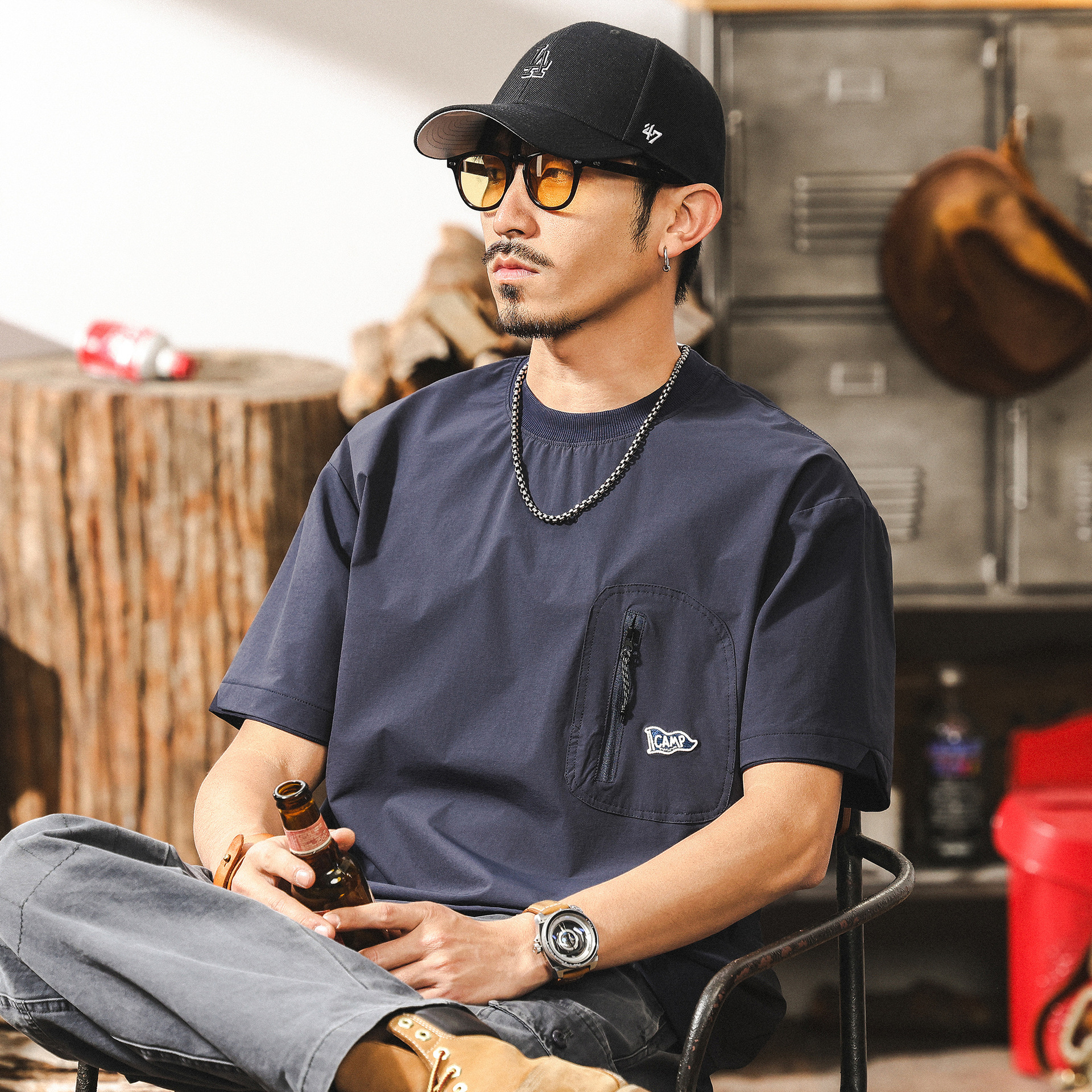 運動輕薄速幹短袖男款夏季寬鬆男士T恤潮牌戶外機能口袋男士上衣