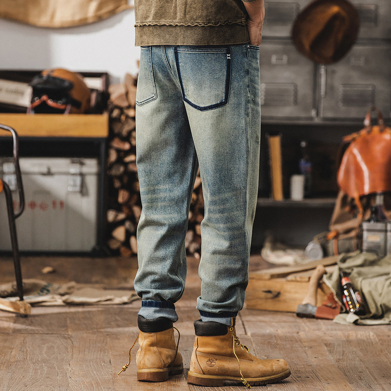 春季新款泥染復古牛仔褲男寬鬆直筒潮牌褲子男春秋做舊水洗休閒褲