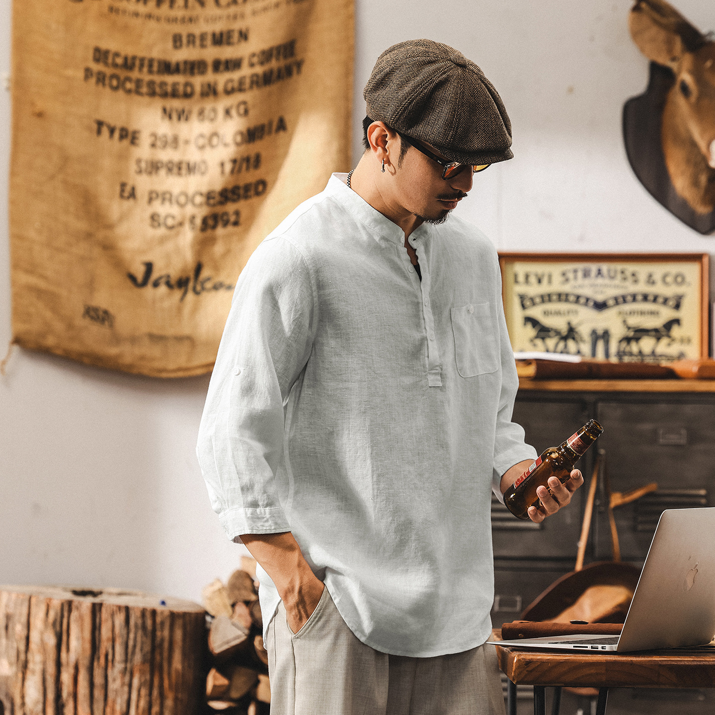 亞麻古風中式復古短袖T恤男夏季新款七分袖古風國潮Polo衫男