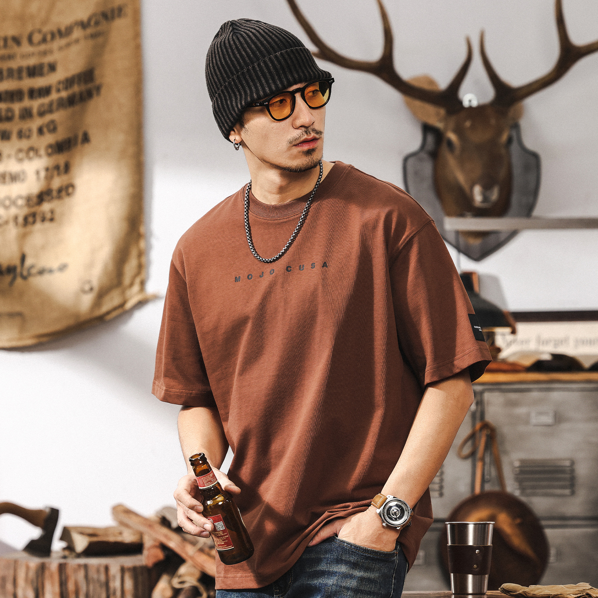 美式復古32支雙紗短袖T恤男夏季潮流簡約膠漿印花休閒上衣男