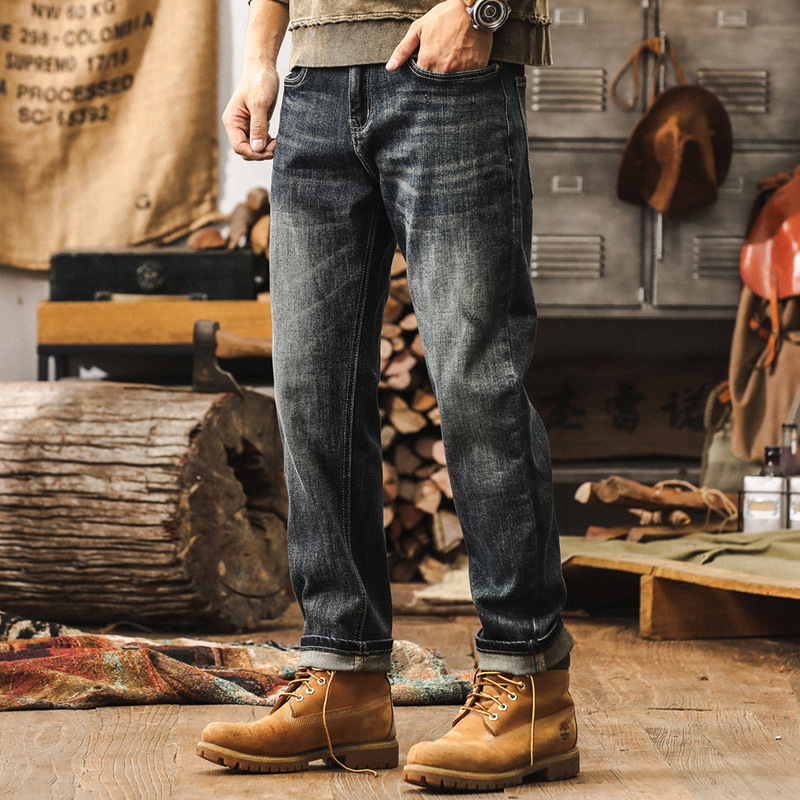 美式重磅經典牛仔褲男直筒修身大碼褲子男秋季復古水洗休閒長褲男