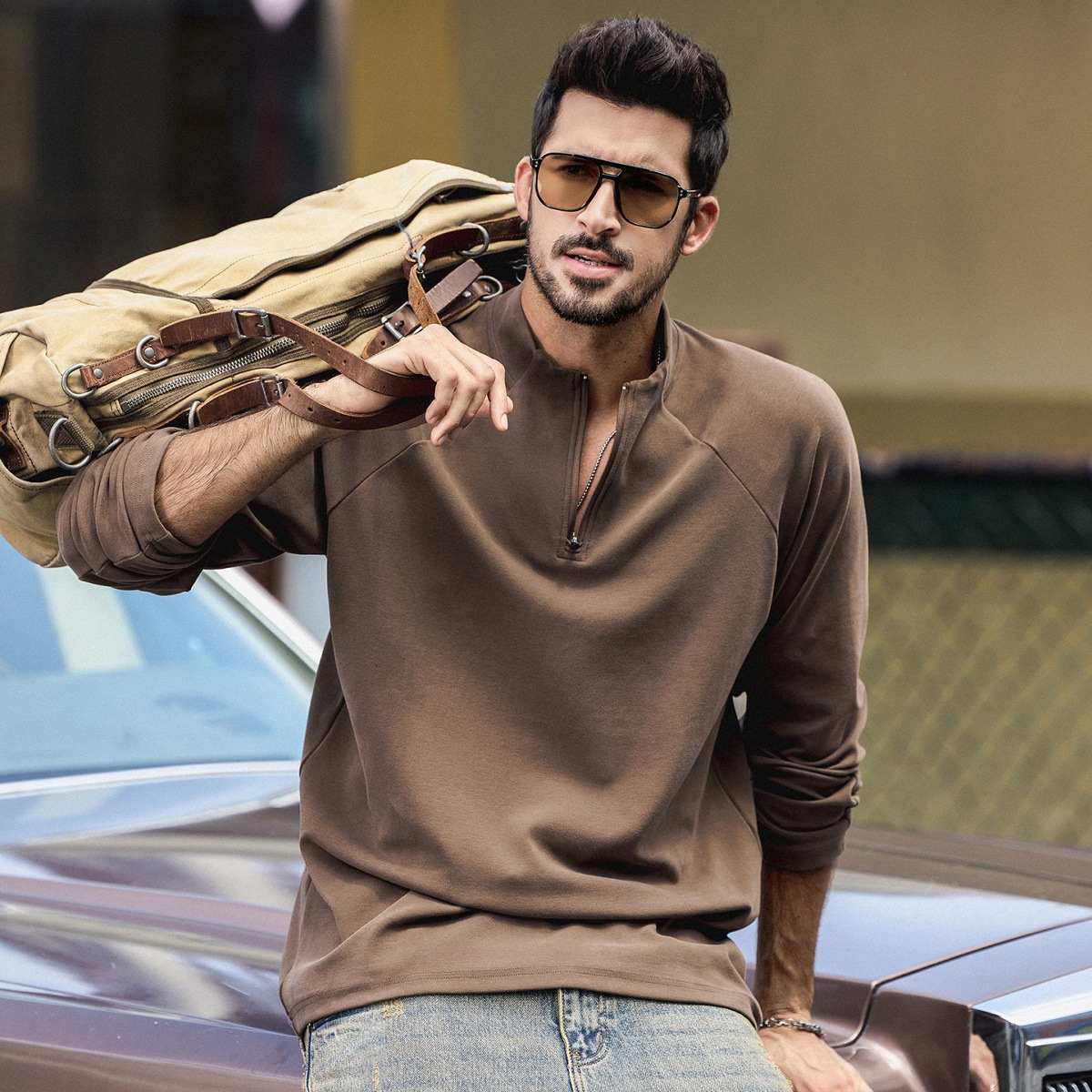 美式復古重磅T恤男春季新款拉鍊半高領衛衣男寬鬆打底衫長袖上衣