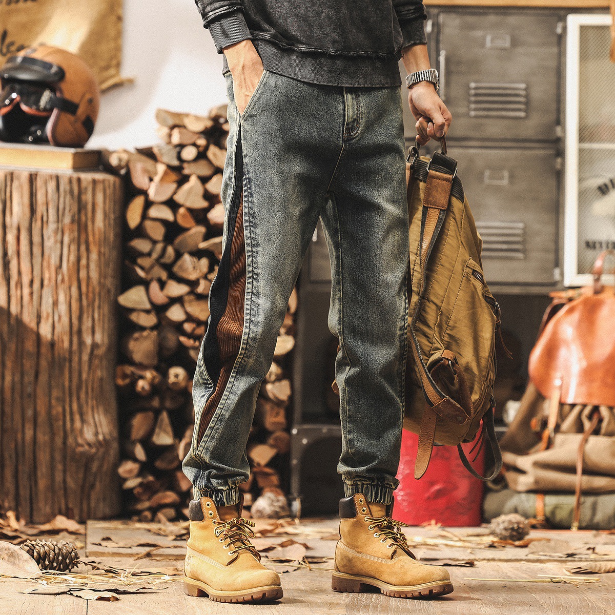 美式復古懷舊拼接撞色牛仔褲男秋季新款潮牌工裝褲子男寬鬆休閒褲