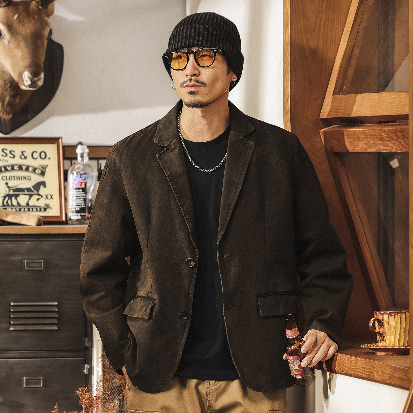 美式復古休閒西裝外套男春秋潮牌做舊阿美咔嘰美拉德工裝夾克西服