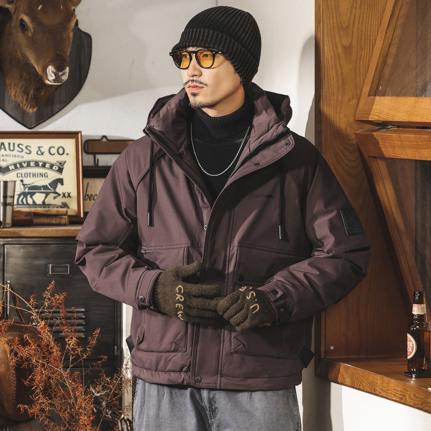 美式復古90純白鴨絨連帽工裝羽絨服男冬季加厚保暖禦寒派克服外套