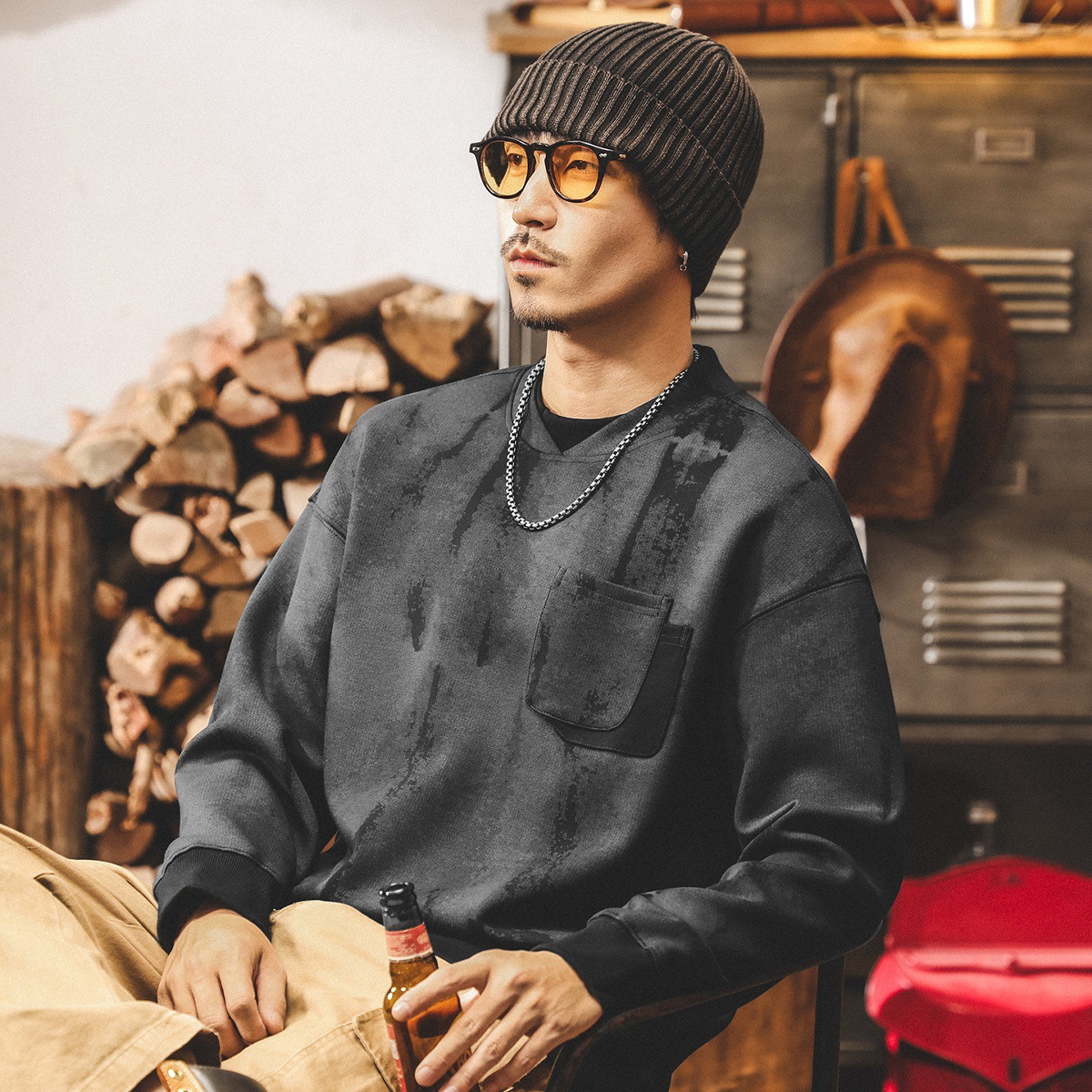 美式復古麂皮絨假兩件360g重磅衛衣男春秋新款潮牌寬鬆大碼上衣男