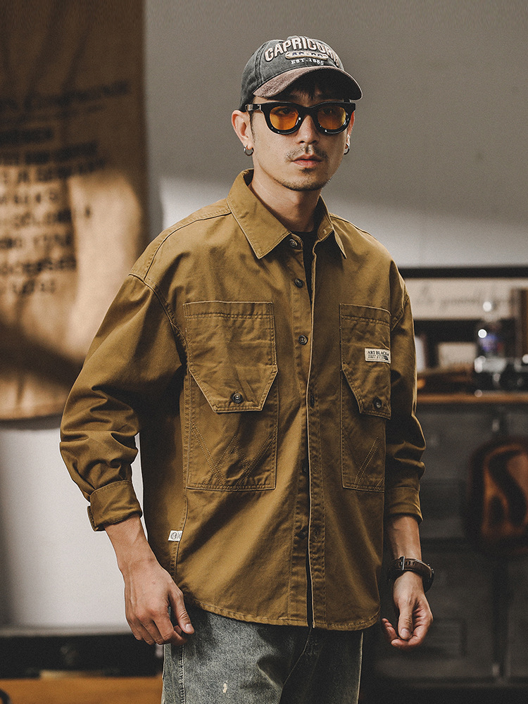 美式水洗重磅工裝夾克外套男2024新款寬鬆潮牌春季襯衫男長袖襯衫