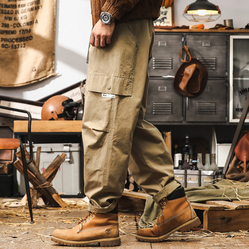 美式復古卡其色工裝褲子男直筒秋季潮牌多口袋設計寬鬆休閒長褲男