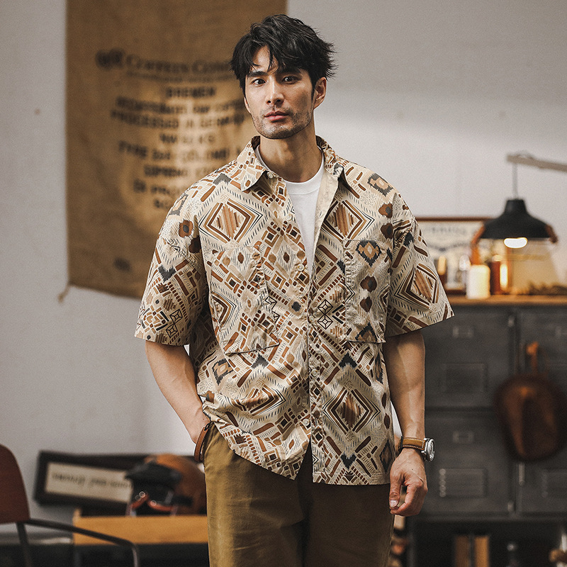 杰雷諾美式休閒襯衫男短袖夏季薄款寬鬆夏威夷風痞帥男士襯衣