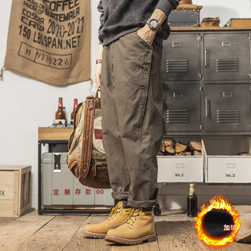 2024重磅排扣褲子設計款休閒褲春季男士寬鬆直筒潮流經典工裝長褲