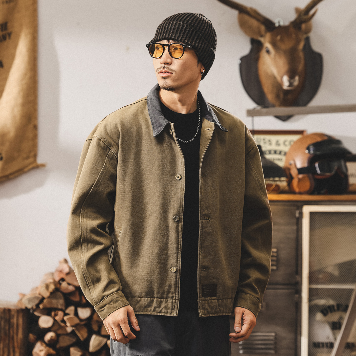 美式復古重磅工裝外套男春秋款潮牌獵裝硬漢寬鬆休閒夾克男士秋季