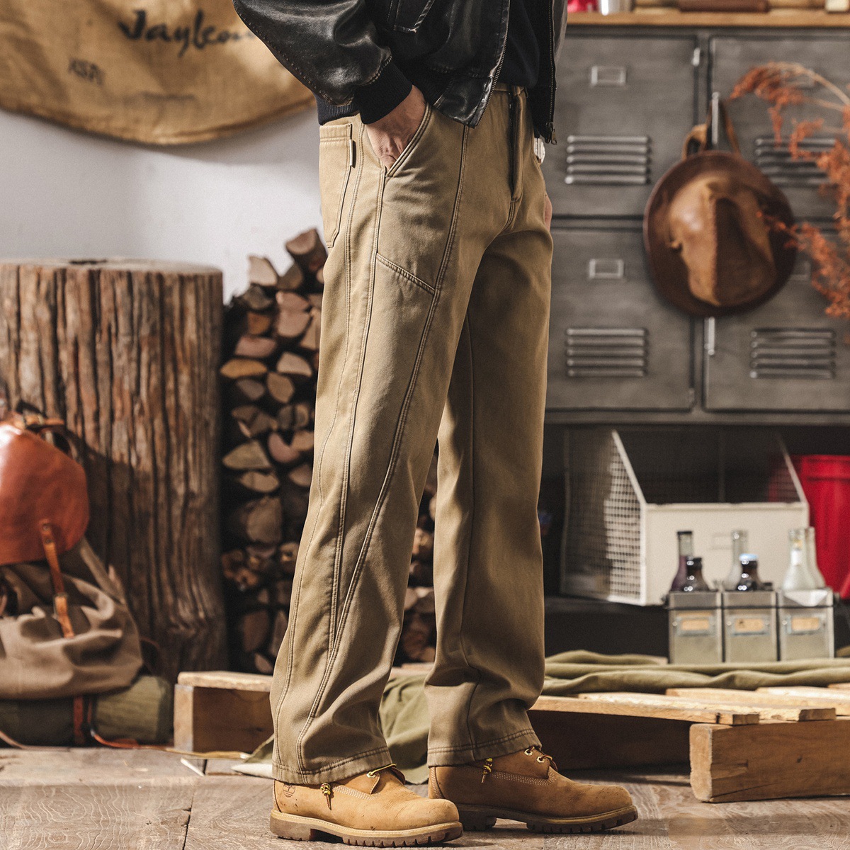美式復古加絨工裝褲子男士新款冬季加厚潮牌水洗寬鬆直筒休閒長褲